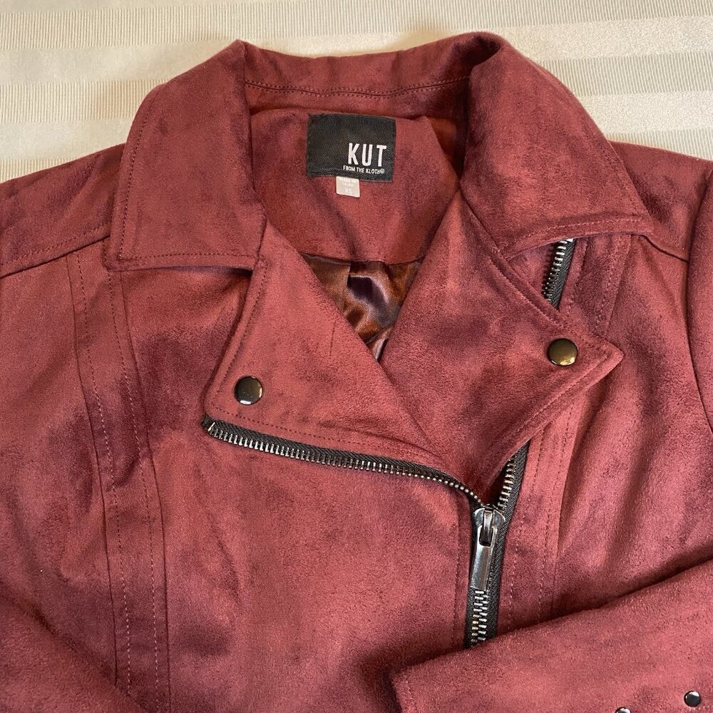 KUT From The Kloth Moto Jacket Womens Sz XS Burgundy Faux Suede Asymmetrical Zip - Picture 9 of 14